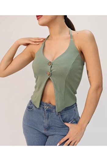 ALLEYTA Women's Buttoned Belly and Back Low-Cut Halter Bustier