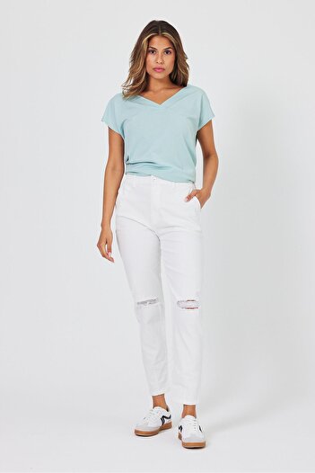VENA Norah White Colored Jean Trousers - Women's, Elastic Waist Ripped