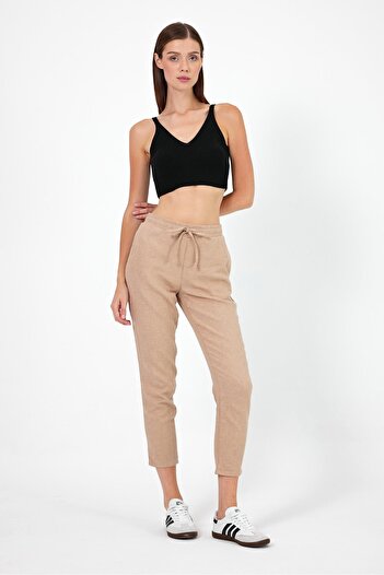 VENA Alian Beige Linen Beach Pants - Women's, Elastic Waist
