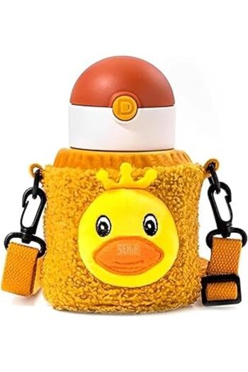 DILLER 300ml Cute Animals Plush Case Neck Strap Steel Thermos Children's Water Bottle (Duck)