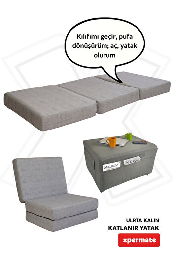 XPERMATE Ultra Kalın Katlanır Yatak Katlanabilir Sünger Yer Yatağı Tek Kişilik Misafir Yatağı 80x180x14 Gri