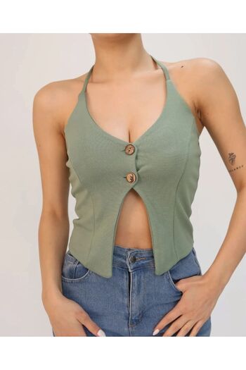 ALLEYTA Women's Buttoned Belly and Back Low-Cut Halter Bustier