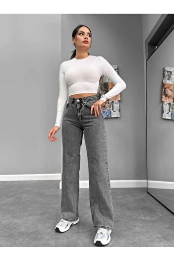 Trn JNS Smoked Power Lycra Super High Waist Loose Jeans Palazzo Trousers