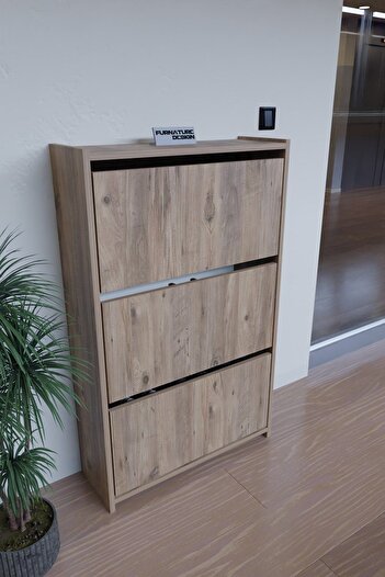 CMKStore Düşer Kapak Ayakkabılık Duvara Monte Edilebilir Kayar Raflı 3 Kapaklı - Atlantik Çam