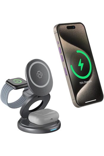 Glassology 3 In 1 Foldable Magsafe Wireless Charger 15w Fast Charging For Apple Grey