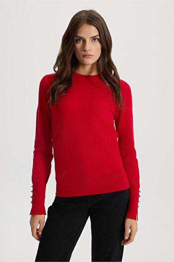 VENA Women's Mona Red Crew Neck Sleeve Buttoned Knitwear Sweater