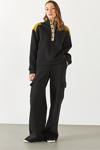 VENA Half Placket Sweatshirt - Black, Detailed Two Colors