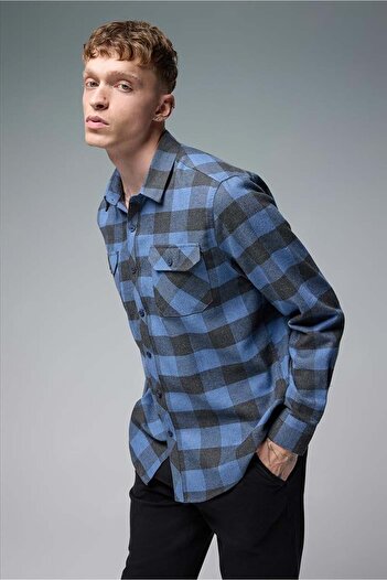 VENA Erkek Regular Fit Indigo Ekose Фланелева сорочка