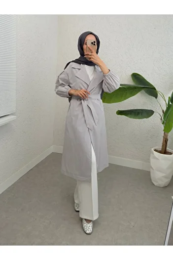 Modamorfo Lined Trench Coat with Elastic Sleeves and Belt -Grey