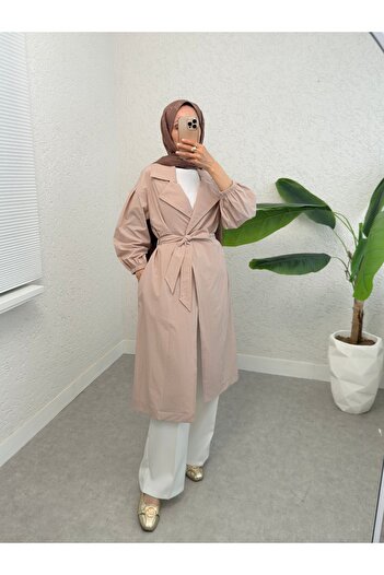 Modamorfo Stone Colored Trench Coat with Elastic Sleeves and Belt Lining