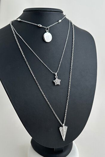 Modex Geometric Triangle Shaped Triple Necklace with Silver Color Stones
