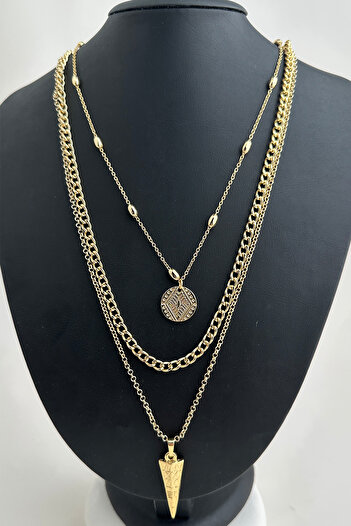 Modex Gold Color Textured Triangle Triple Necklace