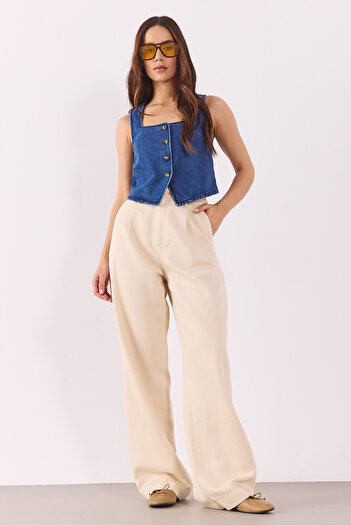 VENA Square Collar Buttoned Lyocell Dark Blue Jean Vest - Dark Blue