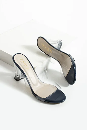 HVZ Exclusive Navy Blue Transparent Women's Heeled Slippers Comfortable Ergonomic Thick Heel Shoes (9cm) Engagement, Evening Dress, Wedding