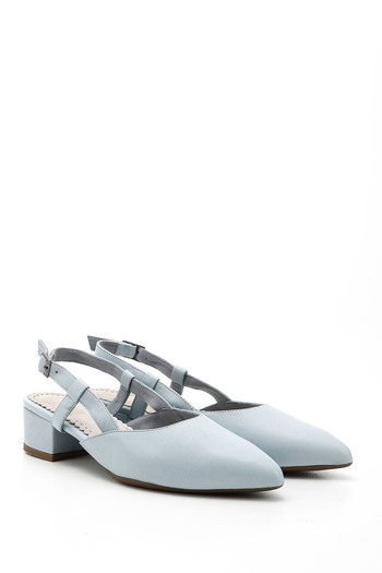 GÖNDERİ(R) Women's Baby Blue Thick Heeled Open Back Genuine Leather Shoes