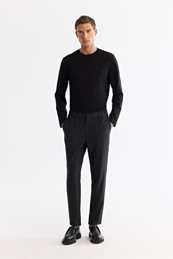 Avva Men's Black Slim Fit Pleated Plaid Double Leg Trousers with Elastic Sides A42Y3043