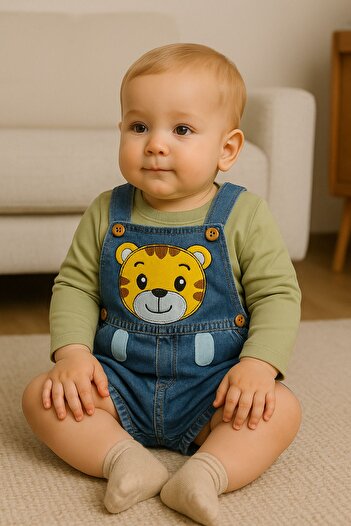 CROCODAYS Long Sleeve Unisex Children's Baby Jeans (Jeans) Tiger Embroidered Badili Salopet Set of 2 (6/9/12/18) Months