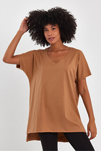 AMAZING CRASH Women's V-Neck Slit Oversize Basic T-Shirt