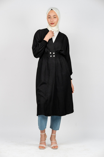 PUANT Women's Black Drawstring Detailed Snap Fastener Comfortable Fit Tunic - Long Sleeve Daily Wear Model
