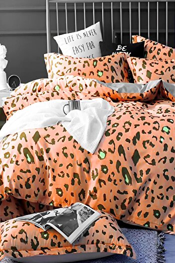 İQON Duvet Cover Set with Fitted Sheets, Double Leopard Orange
