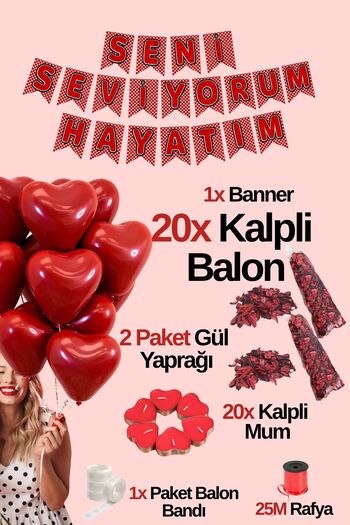 Baloncu Dede 20 Red Heart Balloons 20 Candles I Love You My Life Written Banner Helium Compatible Valentine's Day