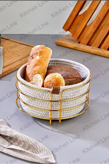 Kitchen Line Stylish Bread Basket Bread Basket with Gold Detail and Gray Wicker Knitted Basket
