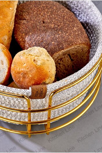 Kitchen Line Gold Detaylı, Gri Hasır Örme Sepetli Şık Ekmek Sepeti Ekmeklik