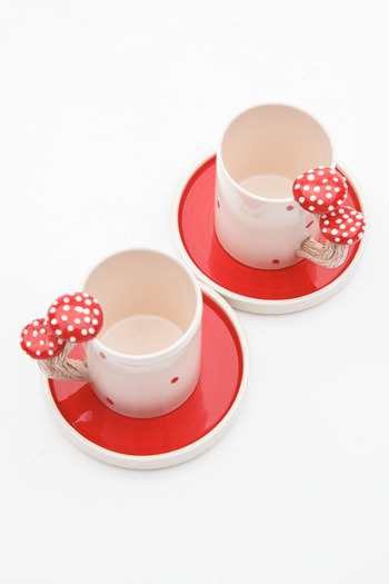 Loomart Mushroom Figured 4-Piece Handmade Ceramic Coffee Cup Set for 2 People