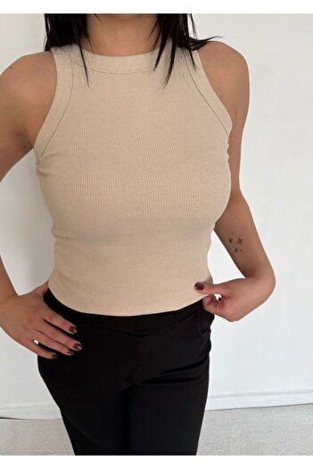 glanour Women's Ribbed Look Thick Strap Basic Beige Tank Top
