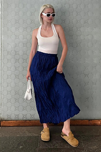Cochines Women's Navy Blue Wrinkled Pleated Long Gather Detailed Maxi Skirt Crush Flared Effect Long Skirt