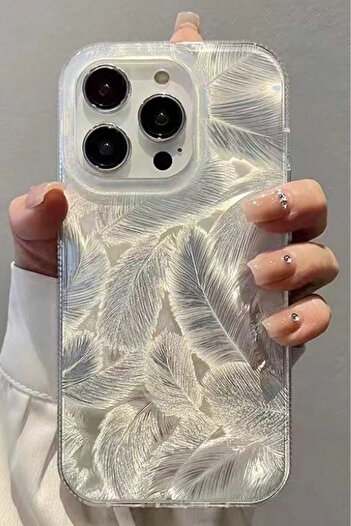 Fibaks iPhone 16 Pro Compatible Case Hologram Shiny White Leaf Pattern Shock Absorbing Camera Protection