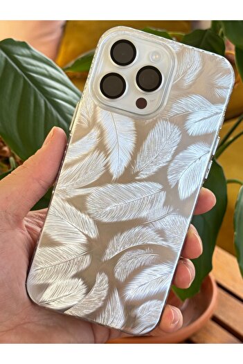 Fibaks iPhone 16 Pro Compatible Case Hologram Shiny White Leaf Pattern Shock Absorbing Camera Protection