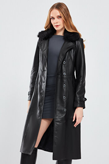 Derimod Brenda Women's Black Fur Leather Trench Coat 17Wge53401M