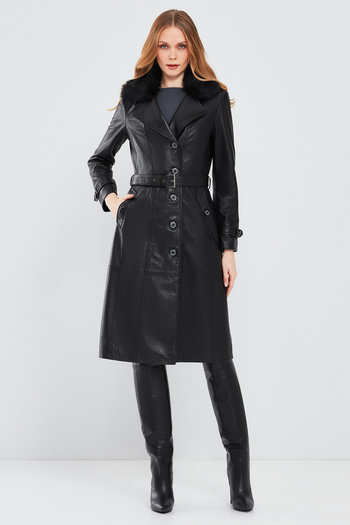 Derimod Brenda Women's Black Fur Leather Trench Coat 17Wge53401M