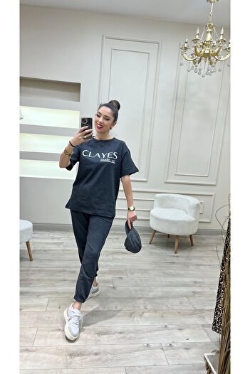 DUBU BUTİK Clayes Studio Co Baskılı Antrasit T-shirt Eşofman Altı Tişört Takım - Oversize Unisex