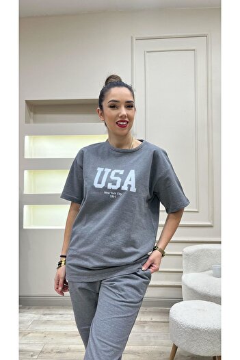 DUBU BUTİK Μπλουζάκι ΗΠΑ Φούτερ Jogger - Λευκό εμπριμέ καπνιστή αθλητική φόρμα Oversize Crew Neck