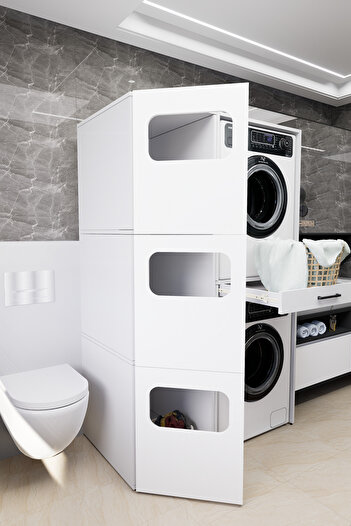 Mirobi WashBox Banyo Kirli Sepetli Çamaşır Makinası Dolabı ve Kurutma Makinası Dolabı Beyaz