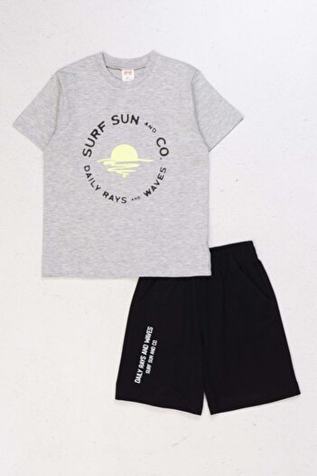 wakawakakidsstore Surf Sun and Waves" Printed Gray T-Shirt and Black Shorts Boys Casual Set - Giri Melange