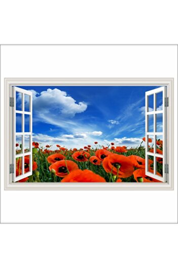 media Self-adhesive and washable wall mural Window Poppies in the field, summer, 200 x 135 cm