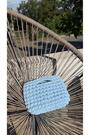 Qielle Örgü Clutch Çanta Bebek Mavisi El Örgüsü Penye İp Çanta