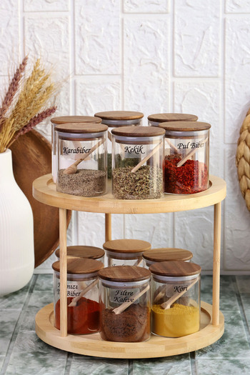 Atbyhome Acacia Silicone Lid Borosilicate Glass Spice Jar with Rotating Stand-200Ml Spice Tk.37Pcs Label Gift