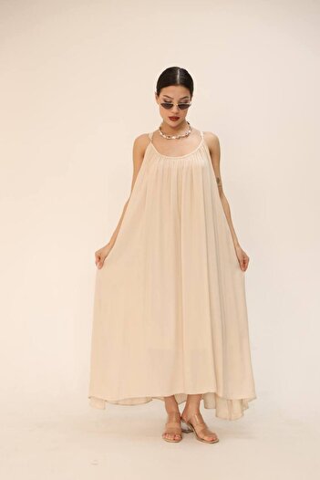 OTAKU Women's Midi Length Adjustable Strap Crew Neck Pleated Loose Lined Dress