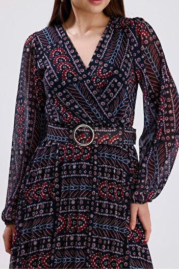 h hera giyim Double Breasted Collar Pleated Chiffon Dress - Black