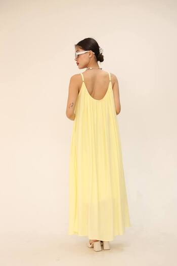 Gameyal Women's Midi Length Adjustable Strap Crew Neck Pleated Loose Lined Dress