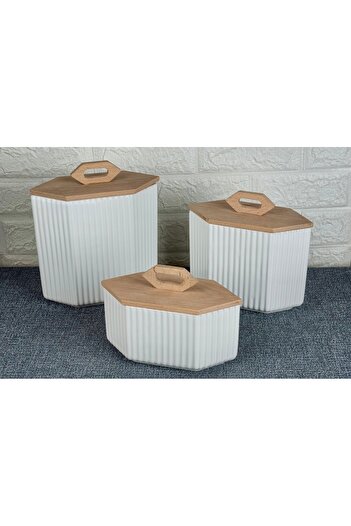 Kitchen Pembelia Porcelain Tea Sugar Salt Coffee Pulses Storage Jar with 3-Piece Wooden Stand