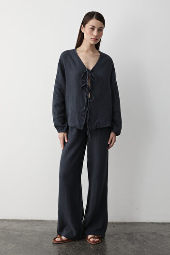 Laluvia Anthracite 100% Cotton Tie-Up Blouse Trousers Set - 8502