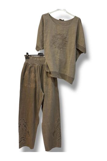 AGORATEKSTİL Women's Pockets Embossed Leg Scalloped Linen Combination