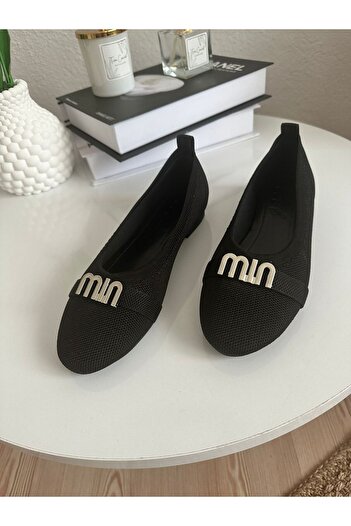 ZİESCE Women's Black Silver Buckle Knitwear Ballet Shoes