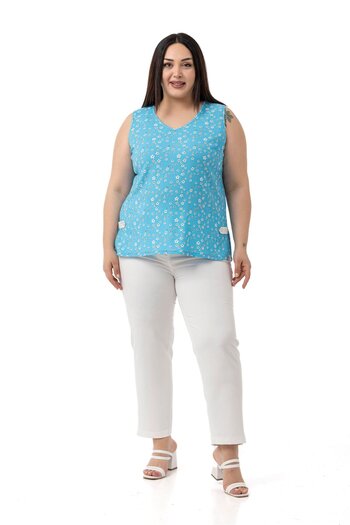 DISENTIS MODEST Plus Size Floral Print V Neck Sleeveless Blue Blouse with Side Slit Detail