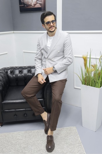 Avni Ceylan Verde dokulu Gofre Kumaş İtalyan stil slim fit kruvaze erkek ceket Gri
